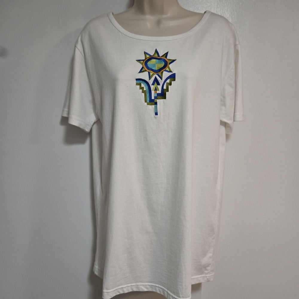 Vintage‎ Bob Mackie Size Small White Southwest Artsy Embroidered Relaxed T-shirt